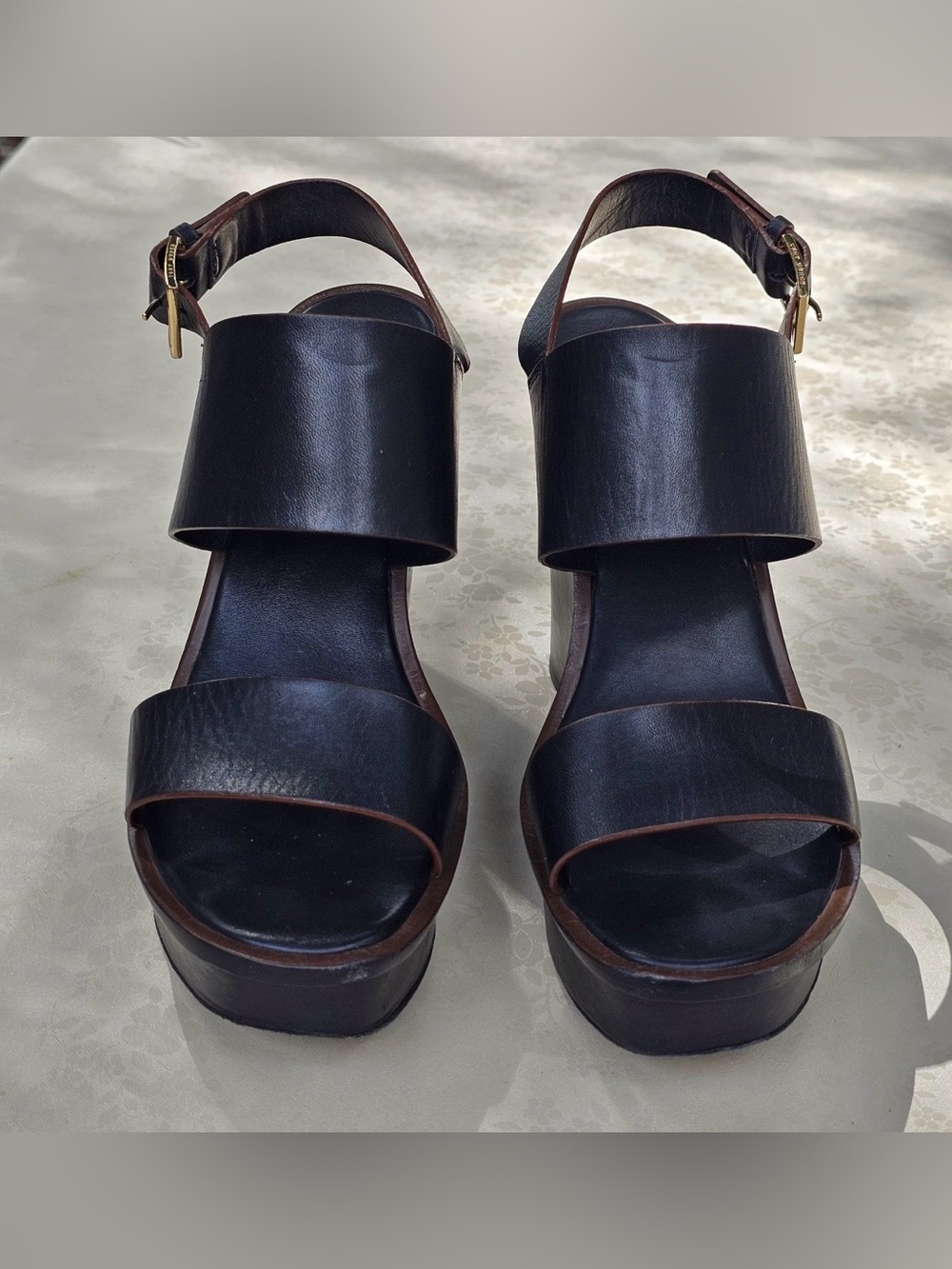 π€ Tory Burch Black Leather Platform Wedge Sandals Size 8.5 - Picture 3 of 14